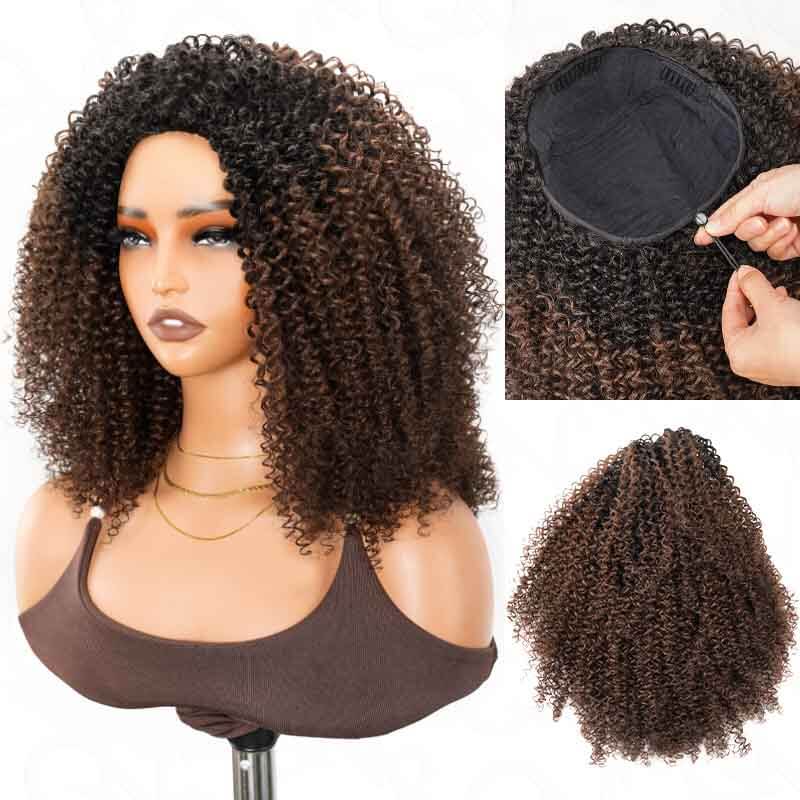 QVR Glueless Ombre Brown Blonde Kinky Curly Half Wig with Black Roots 250% Density Human Hair Wig #T1B/30/27 Wear Go Flip Over Wig