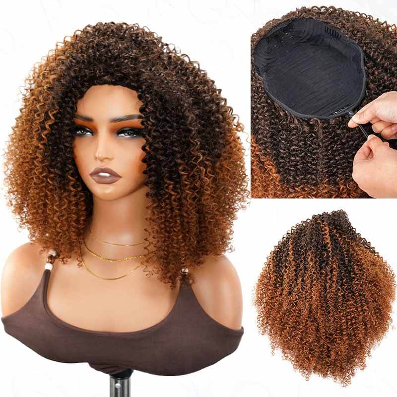 QVR Glueless Highlight Brown Kinky Curly Half Wig 250% Density Human Hair Wig #1B/30 Wear Go Flip Over Wig