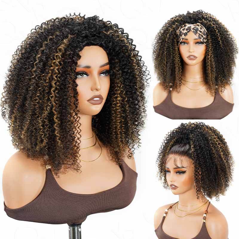 QVR Glueless Dark Brown Kinky Curly Half Wig with Black Roots 250% Density Human Hair Wig #T1B/4 Wear Go Flip Over Wig