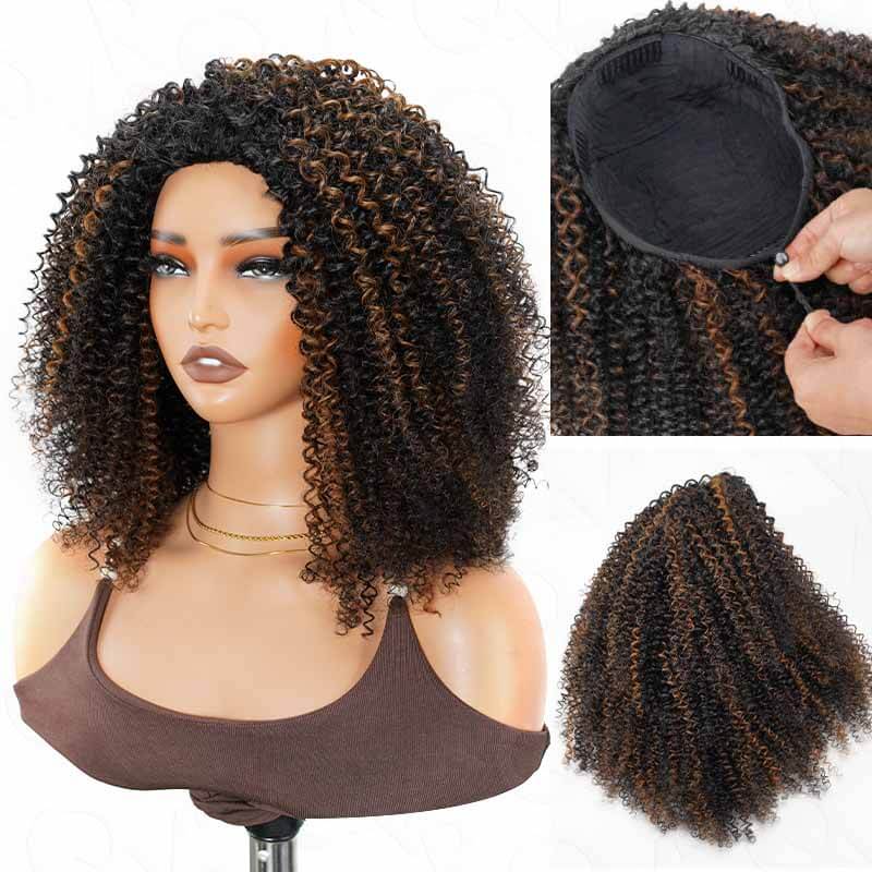 QVR Glueless Ombre Brown Blonde Kinky Curly Half Wig with Black Roots 250% Density Human Hair Wig #T1B/30/27 Wear Go Flip Over Wig