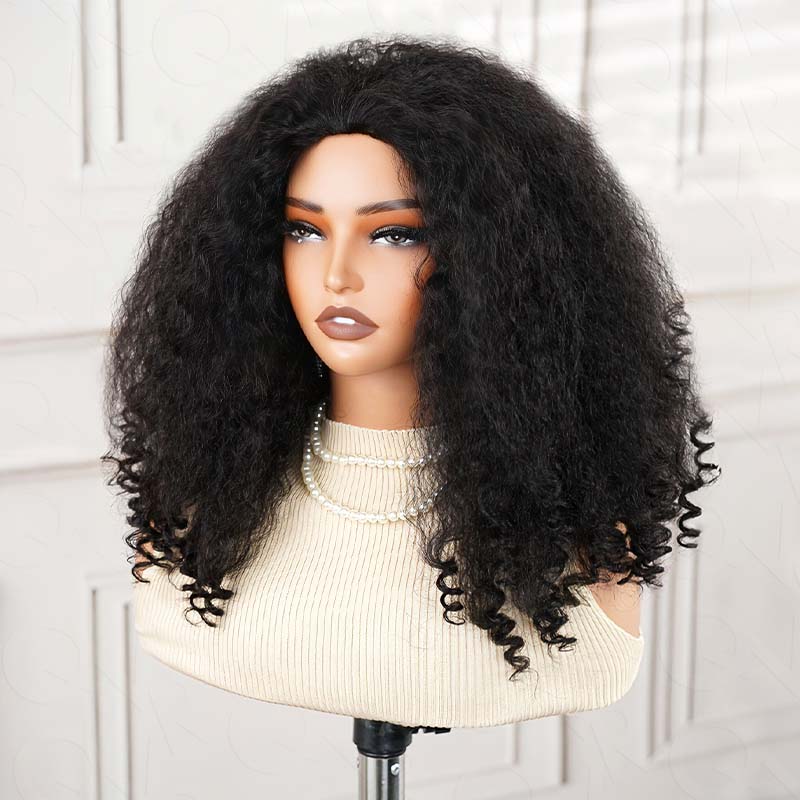 QVR Glueless Kinky Straight Half Wig With Spiral Curl 250% Density Human Hair Wig Natural Black Wear Go Flip Over Wig
