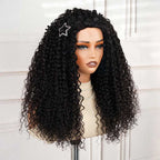 QVR Glueless Water Wave Half Wig 250% Density Human Hair Wig Natural Black Wear Go Flip Over Wig