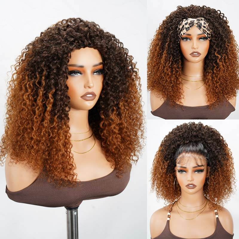 QVR Glueless Highlight Brown #1B/30 Twist Curly Half Wig 250% Density Human Hair Wig Wear Go Flip Over Wig