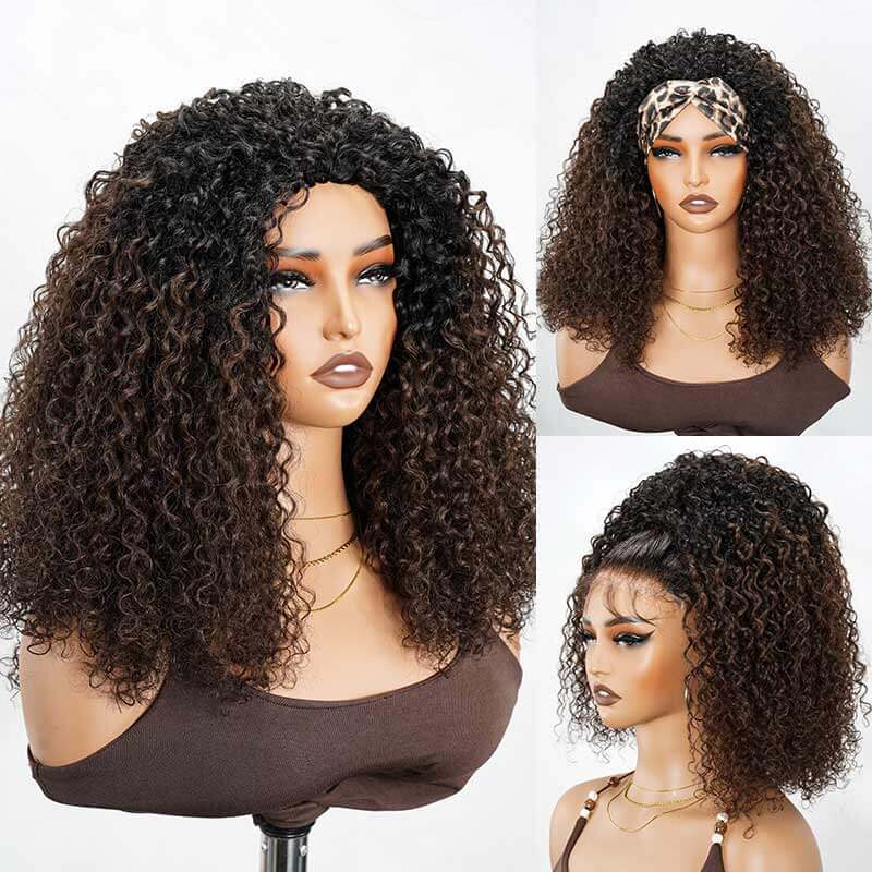 QVR Glueless Blonde Highlight Twist Curly Half Wig 250% Density Human Hair Wig #1B/27 Wear Go Flip Over Wig