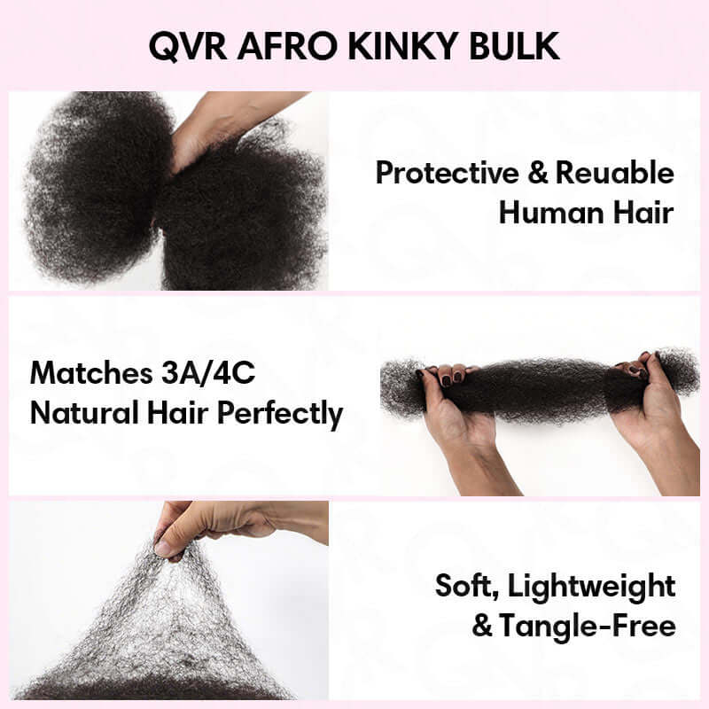 QVR Natural Black Afro kinky Bulk Hair Extensions For Braiding Dreadlock Human Hair