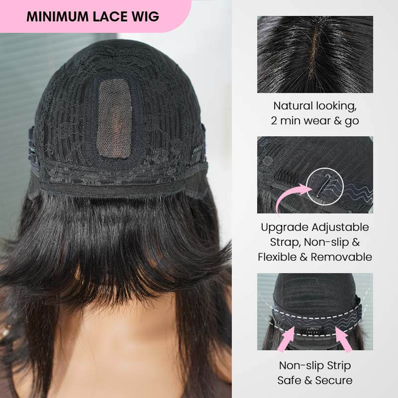 QVR Glueless Straight Short Bob Wig with Bangs Natural Black Minimalist Lace Human Hair Wig