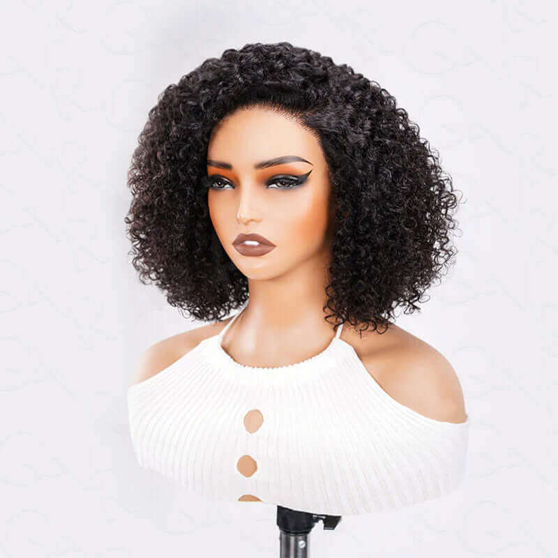 QVR Short Cut Curly Human Hair Minimalist Lace Glueless Side Part Wig