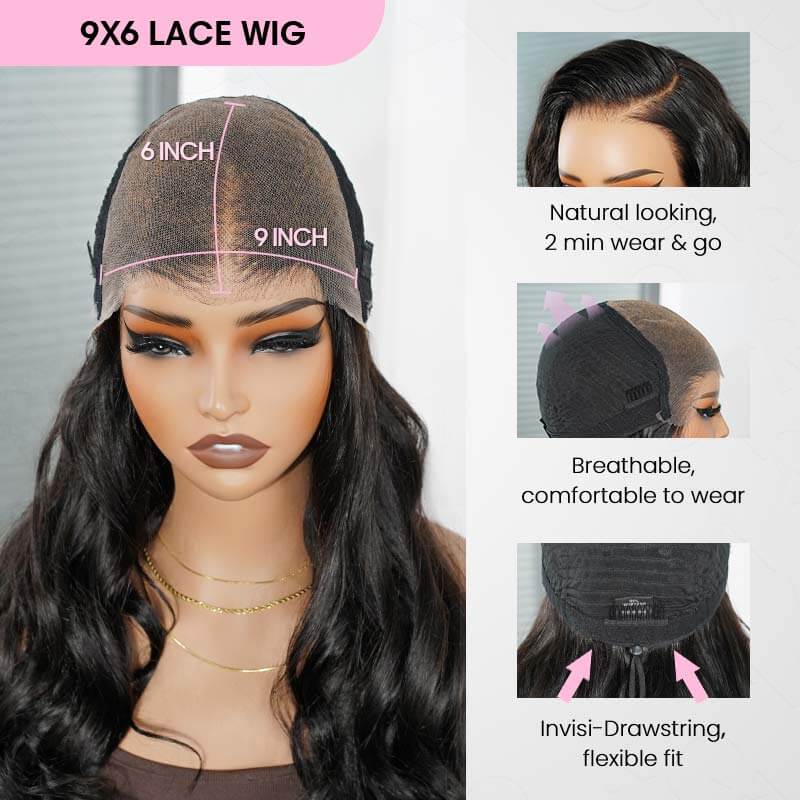 QVR Glueless Loose Body Wave 9x6 Pre-Cut Lace Frontal Wig Black Human Hair Wigs