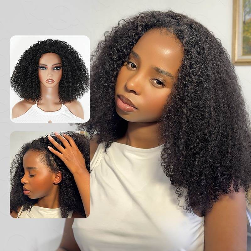 QVR Glueless Kinky Straight Half Wig 250% Density Human Hair Wig Wear Go Flip Over Wig