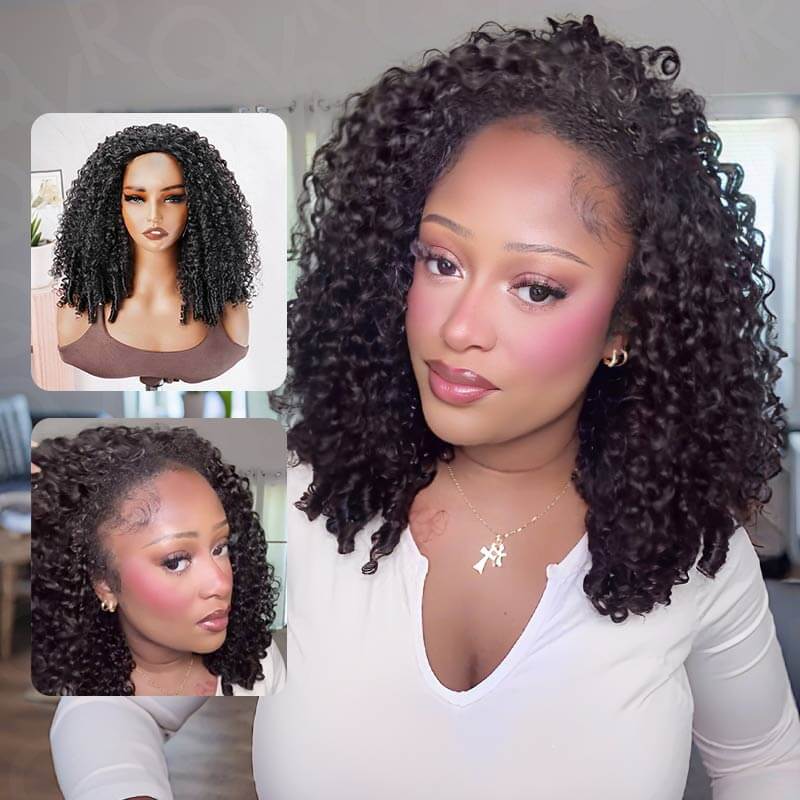 QVR Glueless Burmese Curly Half Wig 250% Density Human Hair Wig Wear Go Flip Over Wig