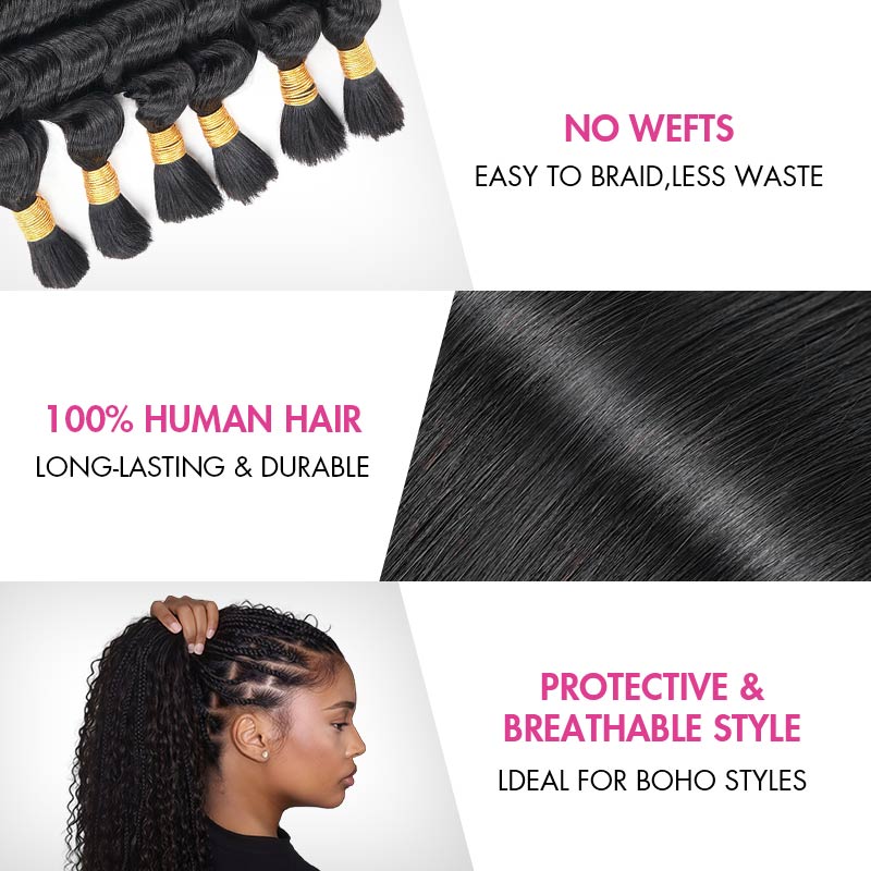 QVR Hightlight #1B+#30 Boho Knotless Braids Human Bulk Hair Deep Wave Human Braiding Hair Extensions