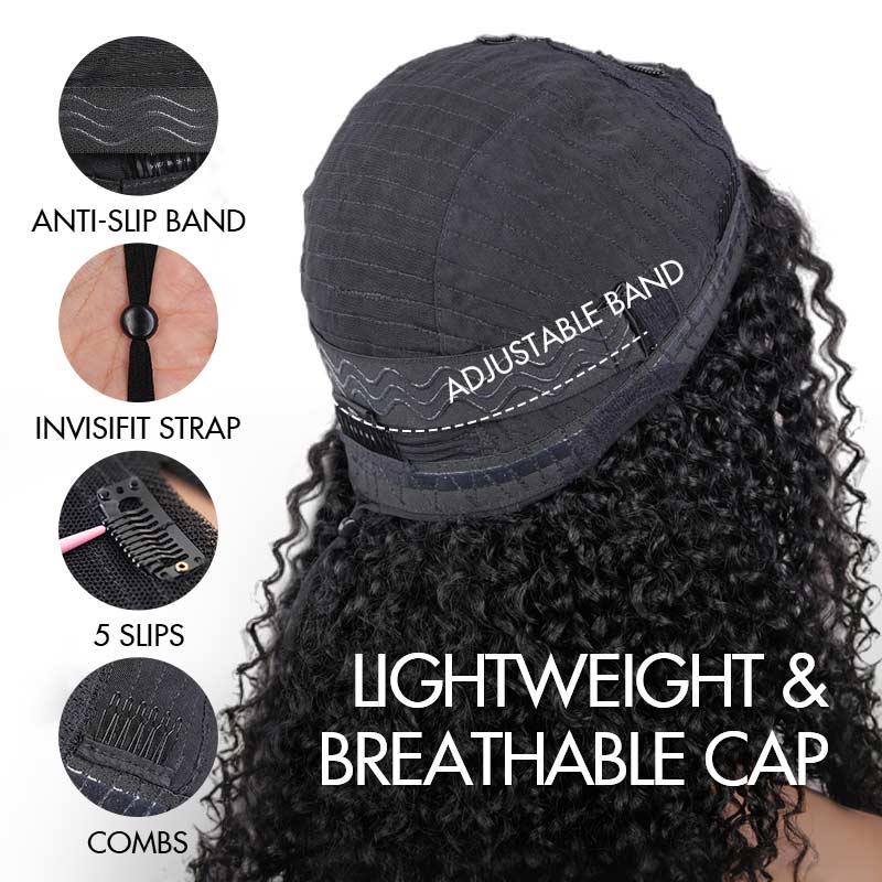 QVR Glueless Burmese Curly V Part Wigs Natural Black Invisible Lace Edge Human Hair Wig