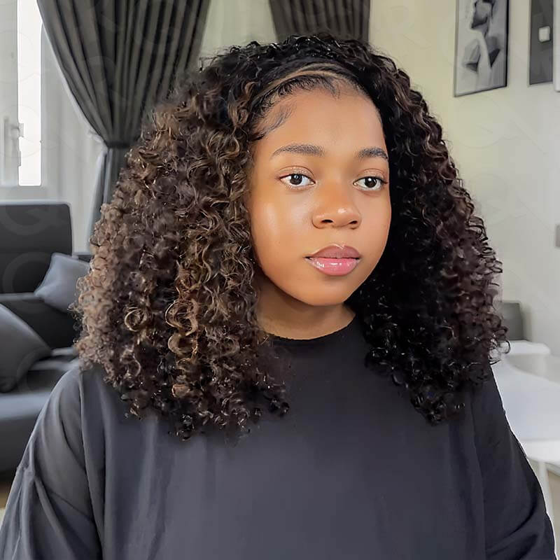 QVR Glueless Ombre Brown Twist Curly Half Wig with Black Roots 250% Density Human Hair Wig #T1B/30 Wear Go Flip Over Wig