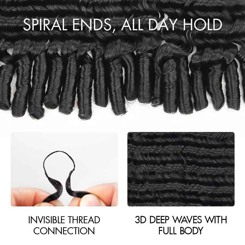 QVR Deep Wave Feather Crochet Human Hair with Sprial Ends Machine Made Crochet Weave Hair Extensions