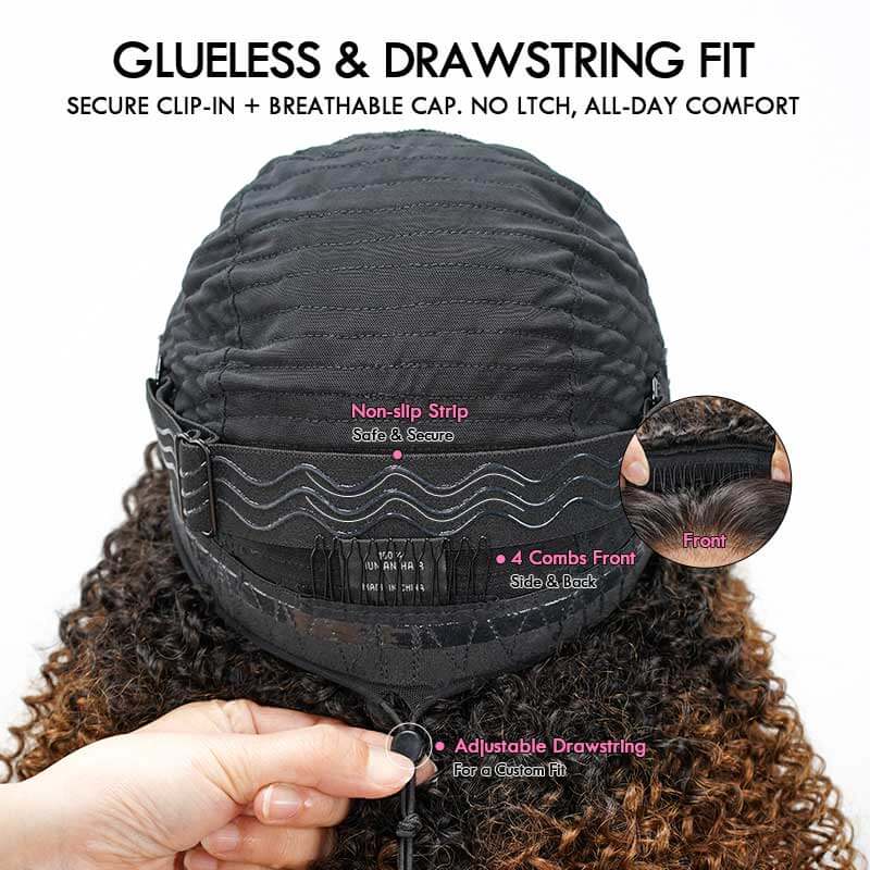 QVR Glueless Ombre Brown Blonde Kinky Curly Half Wig with Black Roots 250% Density Human Hair Wig #T1B/30/27 Wear Go Flip Over Wig