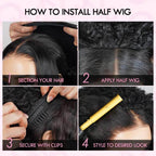 QVR Glueless Water Wave Half Wig 250% Density Human Hair Wig Natural Black Wear Go Flip Over Wig