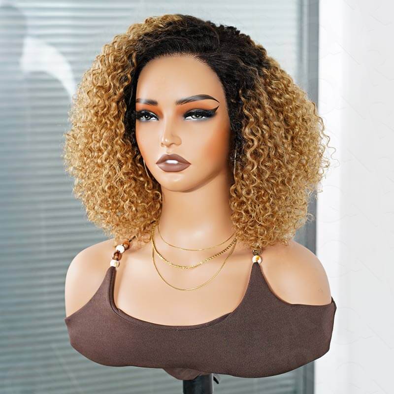 QVR Honey Blonde Highlight Short Cut Curly Wig Glueless Side Part Wig Beginner Friendly