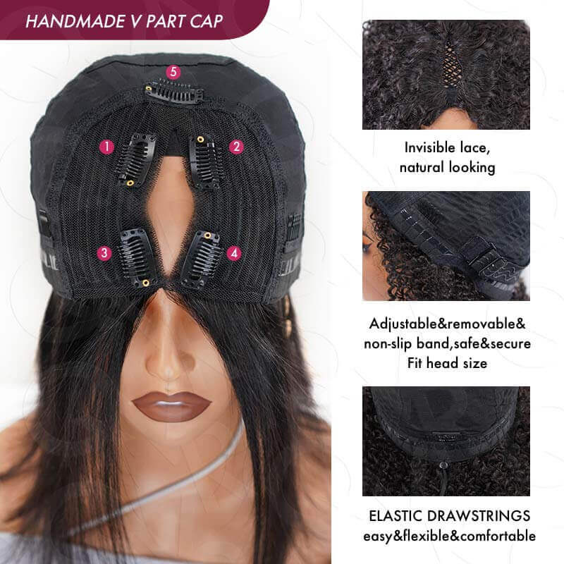QVR Salt Pepper Kinky Curly V Part Wigs No Leave Out Invisible Lace Edge Human Hair Wig