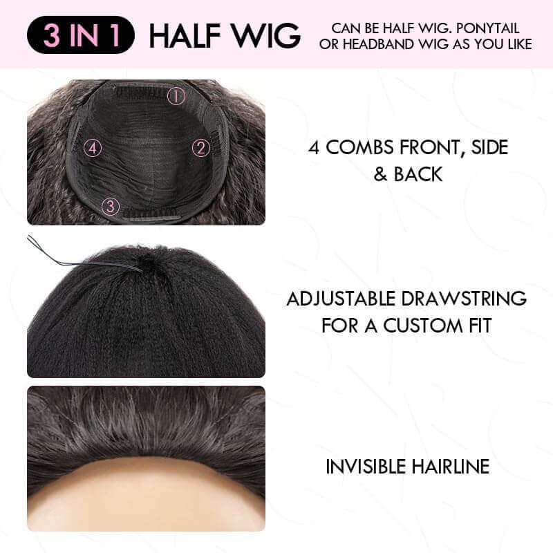 QVR Glueless Auburn Brown Kinky Curly Half Wig 250% Density Human Hair Wig Wear Go Flip Over Wig