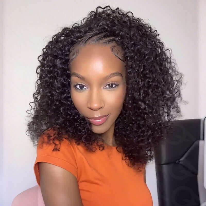 QVR Glueless Water Wave Half Wig 250% Density Human Hair Wig Natural Black Wear Go Flip Over Wig